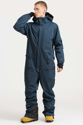 Men's Peacock Blue Stylish Waterproof & Windproof Loose-Fit One-Piece Ski Suit with Detachable Hood & Multipockets